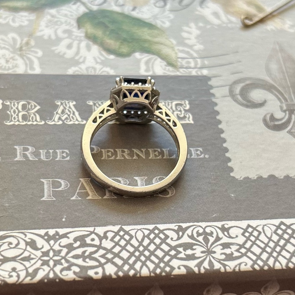 Sterling Silver Ring with Deep Blue lab sapphire and CZ surround - Picture 3 of 7